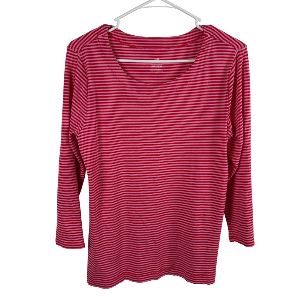 J. Jill Scoop Neck Tee Women's L Red Pink Striped 3/4 Sleeve Pima Cotton Preppy